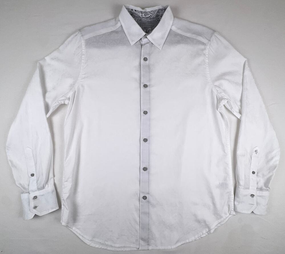 Robert Graham Men's M Ivory White Paisley Jacquard Flip Cuff Shirt Classic Fit